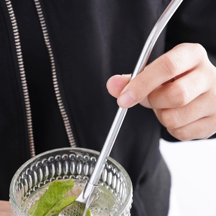Cuchara de paja, té con leche de acero inoxidable, mezcla y filtración de café, protección del medio ambiente de doble uso, cuchara de metal grueso no desechable