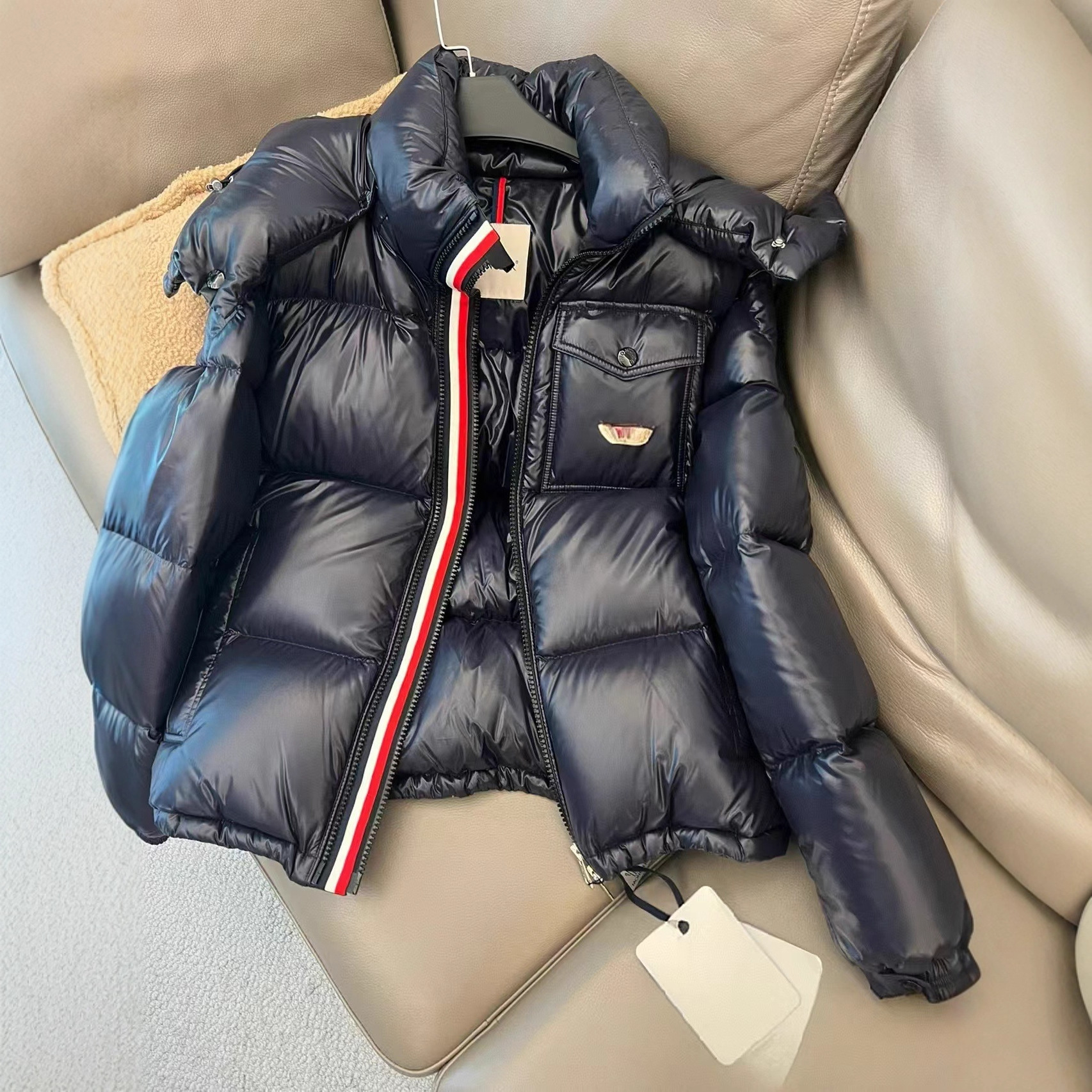MONTBELIARDwoven bag down jacket三色彩条织带羽绒服短款