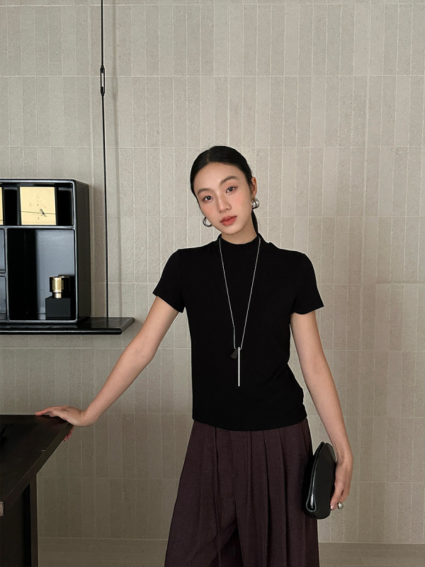 FONE简禾极简立领针织衫女2025秋冬新款基础百搭磨毛短袖T恤58309|undefined