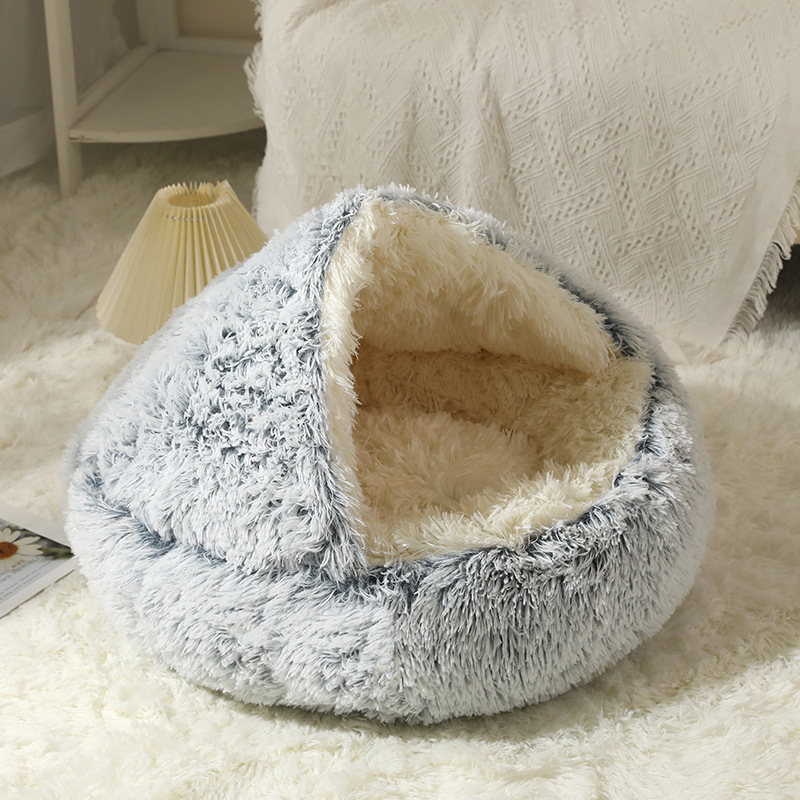 Peluche de concha para gatos de felpa, nido para mascotas, cama para perros cálida en invierno, cama para mascotas, caseta para perros, semi envolvente para mascotas, personalizado al por mayor