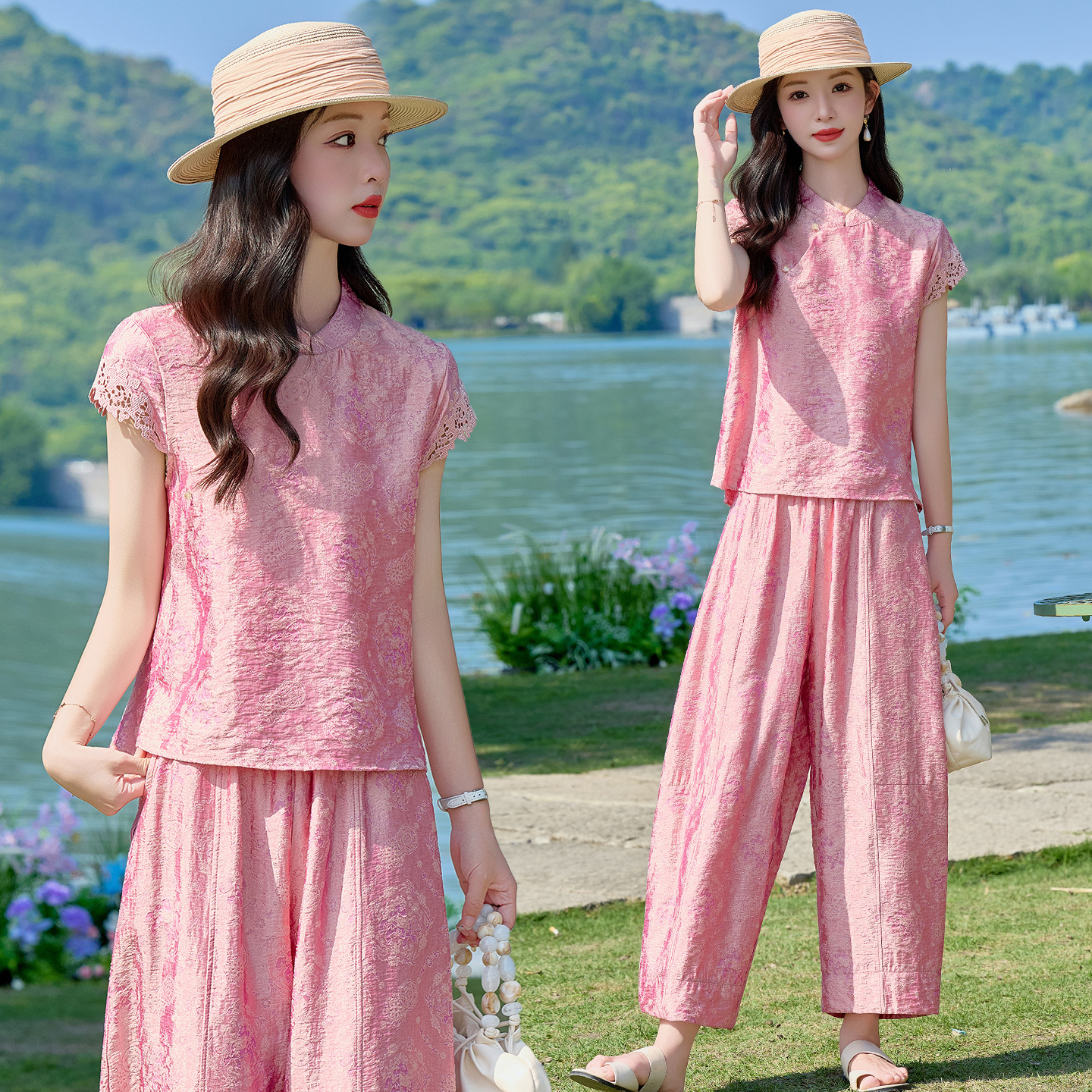 Bộ đầm maxi thắt eo họa tiết hoa nổi cổ điển phong cách Tân Trung Hoa — Hồng