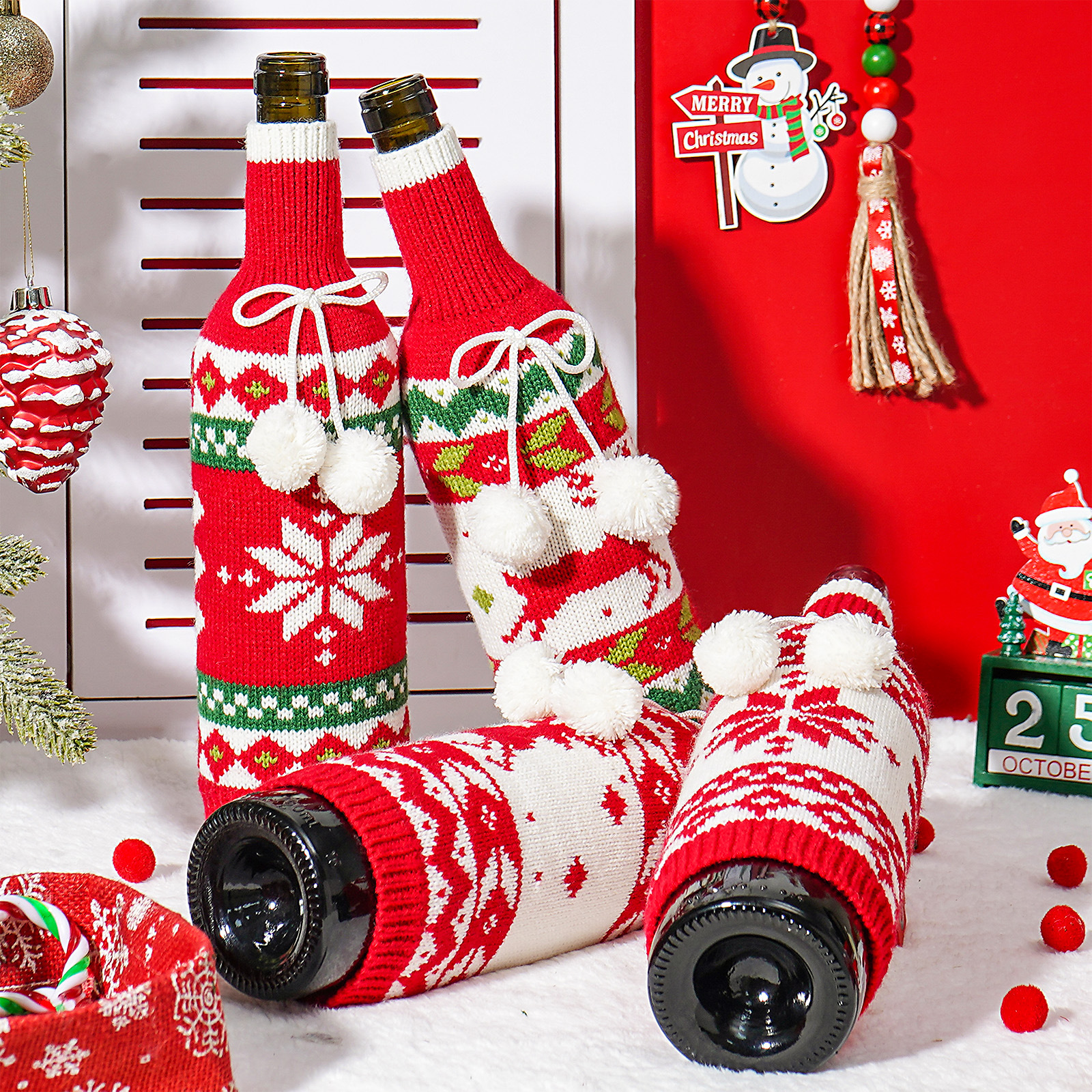 Cruzar la frontera nueva Navidad nuevo pompón de punto botella de vino creativo vino tinto champán botella cubierta restaurante atmósfera diseño