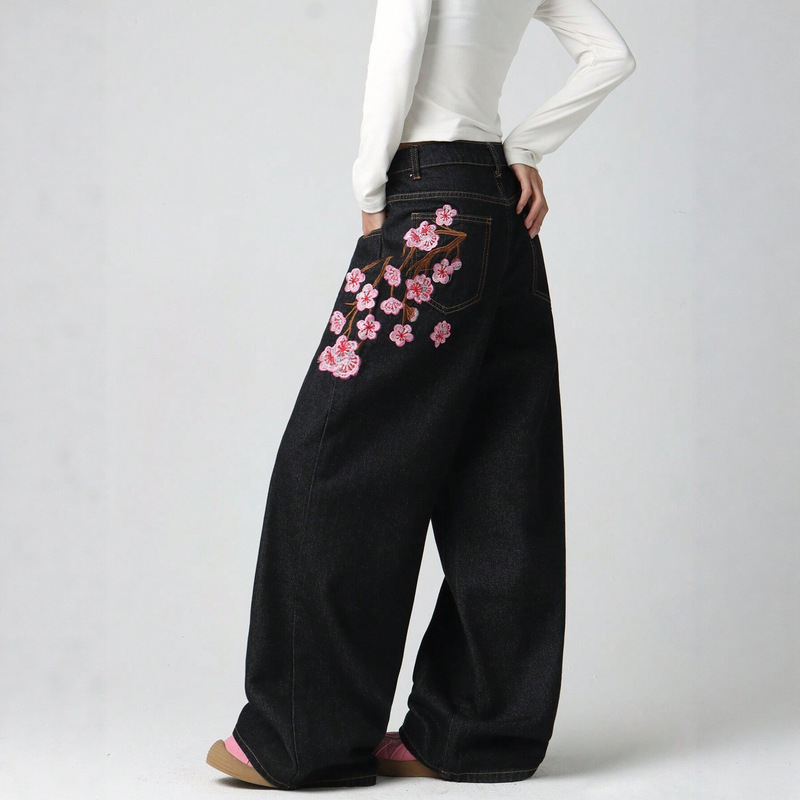 American Retro Heavy-Duty Plum Blossom Embroidery Loose Jeans for Women Y2K High Street Design Versatile Straight-Leg Floor-Length Pants