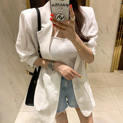 Dongguk door 2021INS Net red summer Solid Retro Cotton and hemp Double pockets Shoulder Pads Short sleeved suit