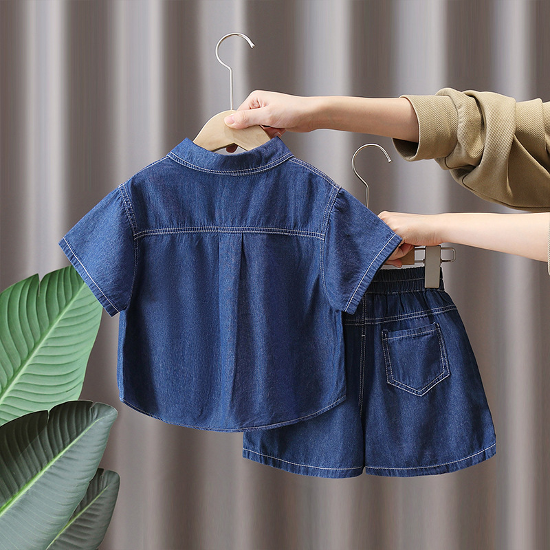 7216 traje de mezclilla para niños camisa de manga corta de verano de dos piezas 2025 nuevo vestido de verano coreano de moda para niños