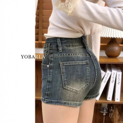 复古弹力牛仔短裤女夏季新款胖mm大码显瘦梨型身材高腰a字热裤子