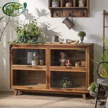 全实木原木风复古餐边柜提拉式玻璃门格子柜茶室做旧茶水柜收纳柜