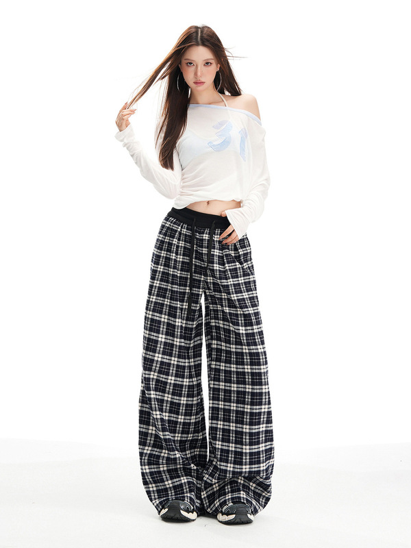 橙绢女装#美式抽绳高腰宽松格子阔腿裤秋冬松弛感慵懒百搭休闲裤|undefined
