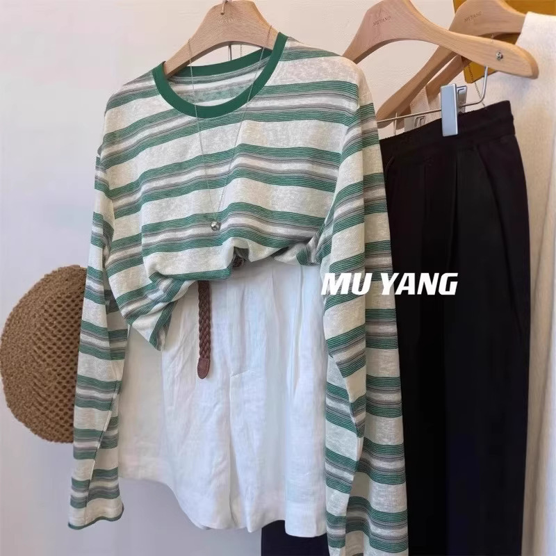 2026 New Large Size Green Striped Long-Sleeve Thin Ice Silk Sun Protection Cover-Up T-Shirt for Women, Summer Color-Blocking Loose Top