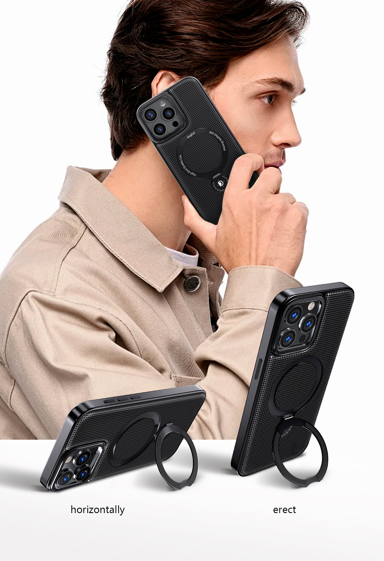 Ốp lưng da iPhone 17 Pro Max có giá đỡ xoay 360 độ, dùng cho iPhone 15 Pro/16 Pro Max — đen, xám, màu nâu chi tiết 3