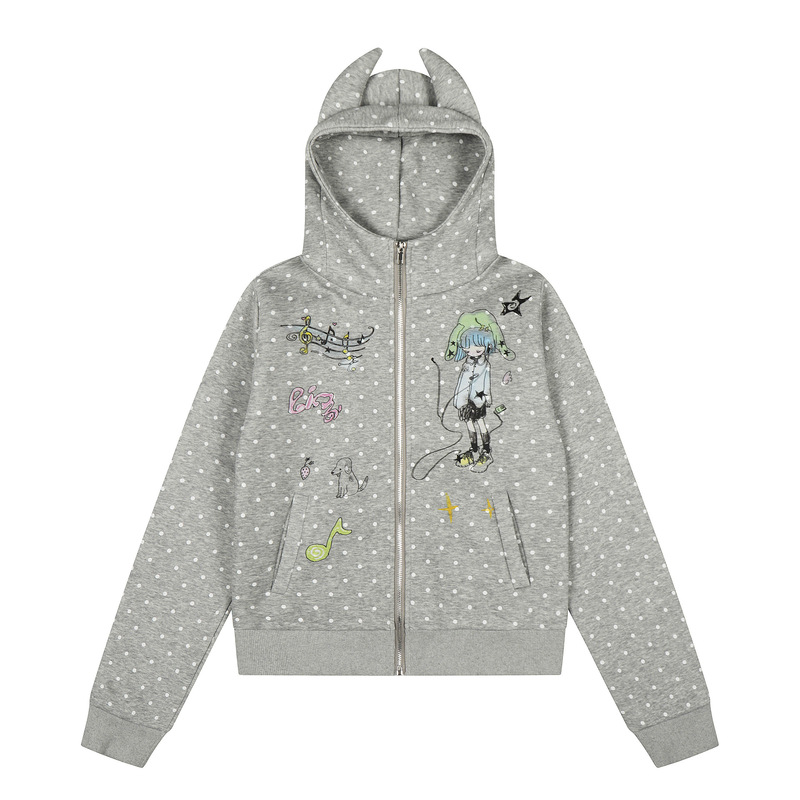 2025 Autumn New American Cartoon Style Wave Dot Hooded Sweatshirt Women's Casual Zipper Jacket Sweet Cool Cardigan