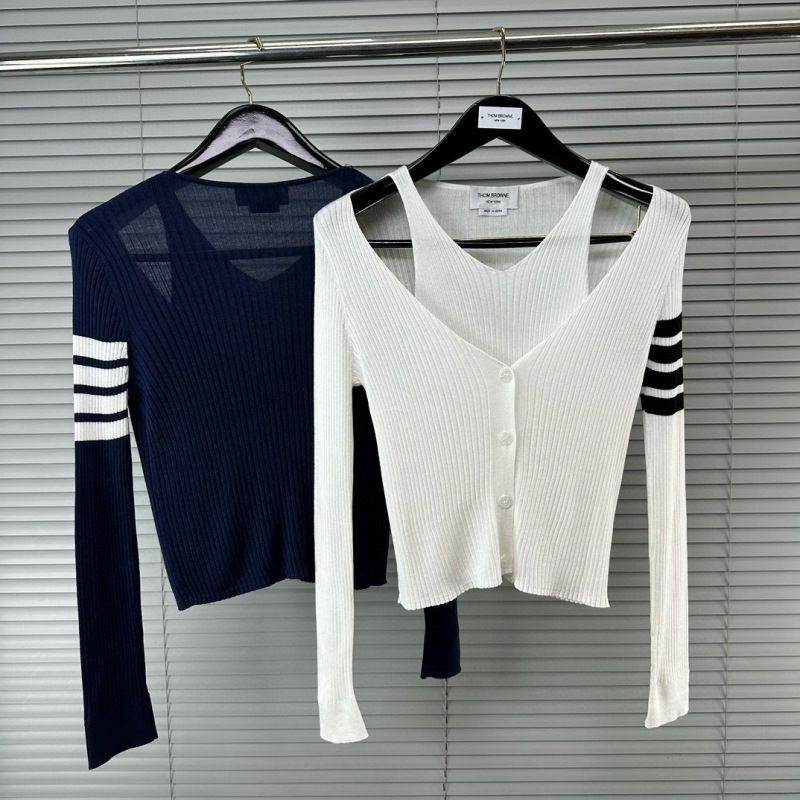 Factory Direct TB Women's College Style Shoulder Hollow Fake Two-Piece Pullover Cardigan Long-Sleeved All-Match Knitted Sweater Sweater