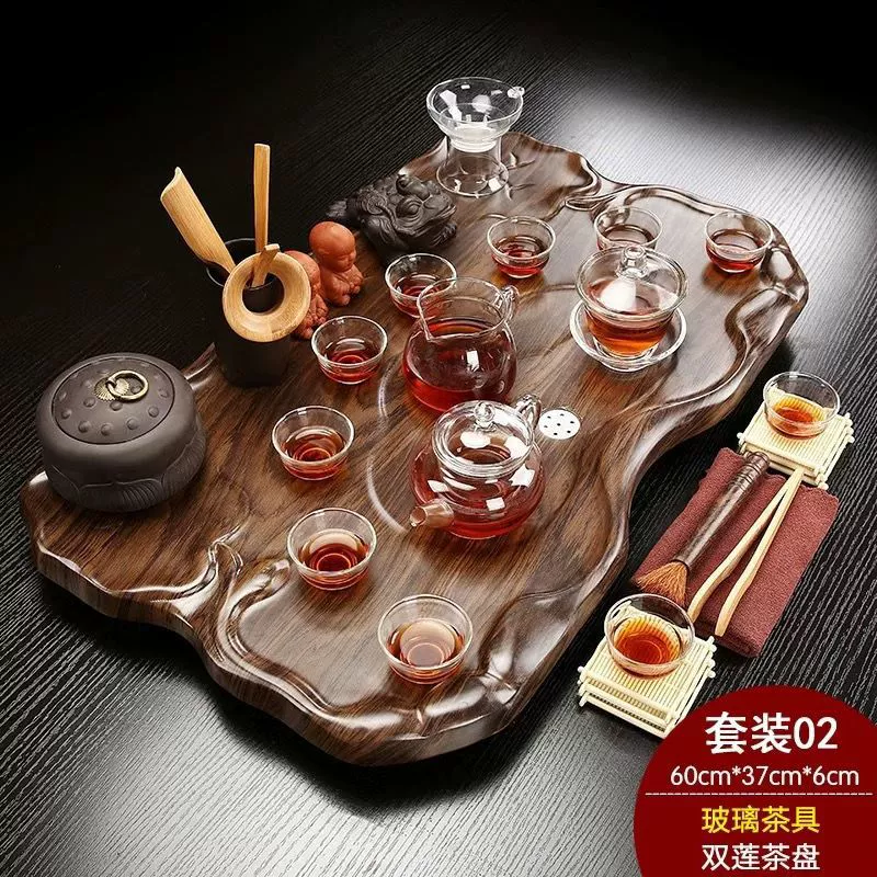 Glass tea set from natural wood for office, simple and elegant design