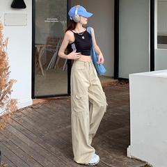 9071アメリカのレトロな工装のズボンの女性の秋のひもの大きいポケットのデザイン感のゆったりしているワイドパンツのズボン