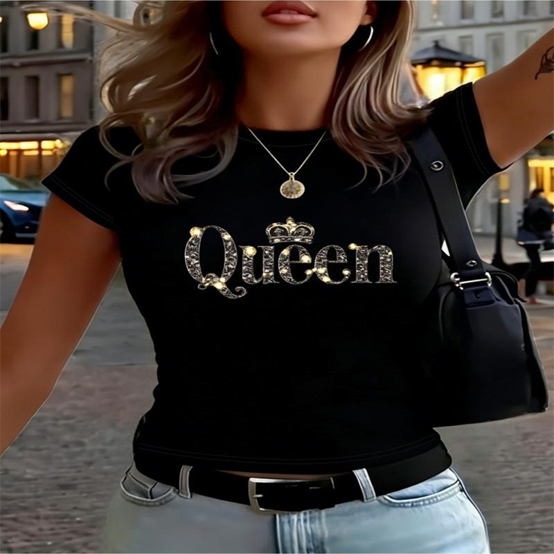 Women's Summer Vintage Y2K Pattern Print T-Shirt, Slim Fit Cropped Tee For Casual Streetwear_ecoleips.com