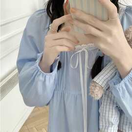 韩版ins女士新款韩版睡裙家居服条纹花边圆领睡衣休闲可外穿批发