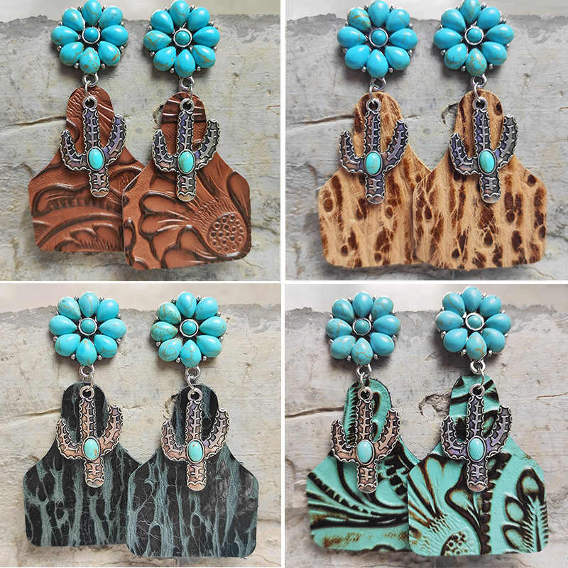 Cactus, Flower Pattern Women'S Gender Retro Cactus Flower Pu Leather Alloy Inlay Turquoise Women's Drop Earrings 1 Pair