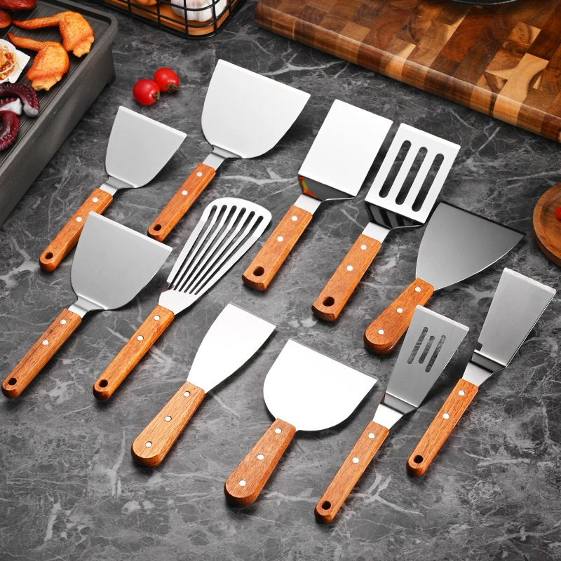 Лопатка для готовки из нержавеющей стали с деревянной ручкой, лопатка для тэппаньяки, лопатка с прорезями, лопатка для стейков, треугольная лопатка, лопатка для пиццы, ручная лопатка для блинов