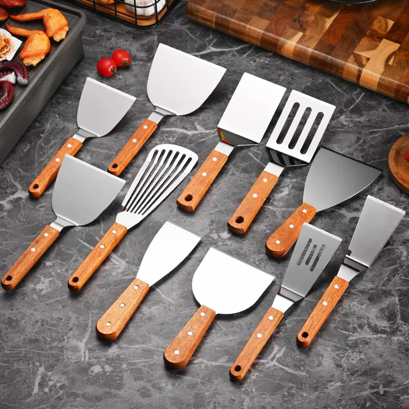 不锈钢木柄料理铲铁板烧煎铲漏铲牛排铲三角铲披萨手抓饼煎饼铲子