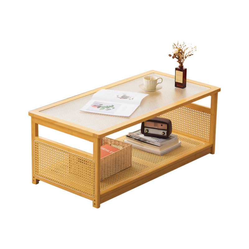 Mesa de centro de ratán, sala de estar, hogar, madera maciza, nueva mesa de té, apartamento pequeño de estilo japonés, mesa de vidrio rectangular moderna simple