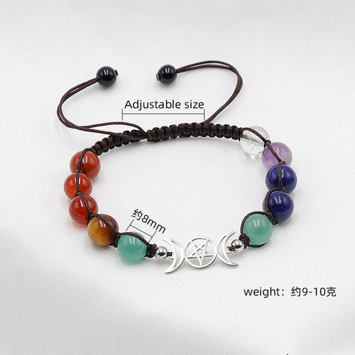 Natural Crystal Quartz Chakra Triple Moon 8mm Round Bead Bracelet with Colorful Stone Weaving Cross-border Direct Supply