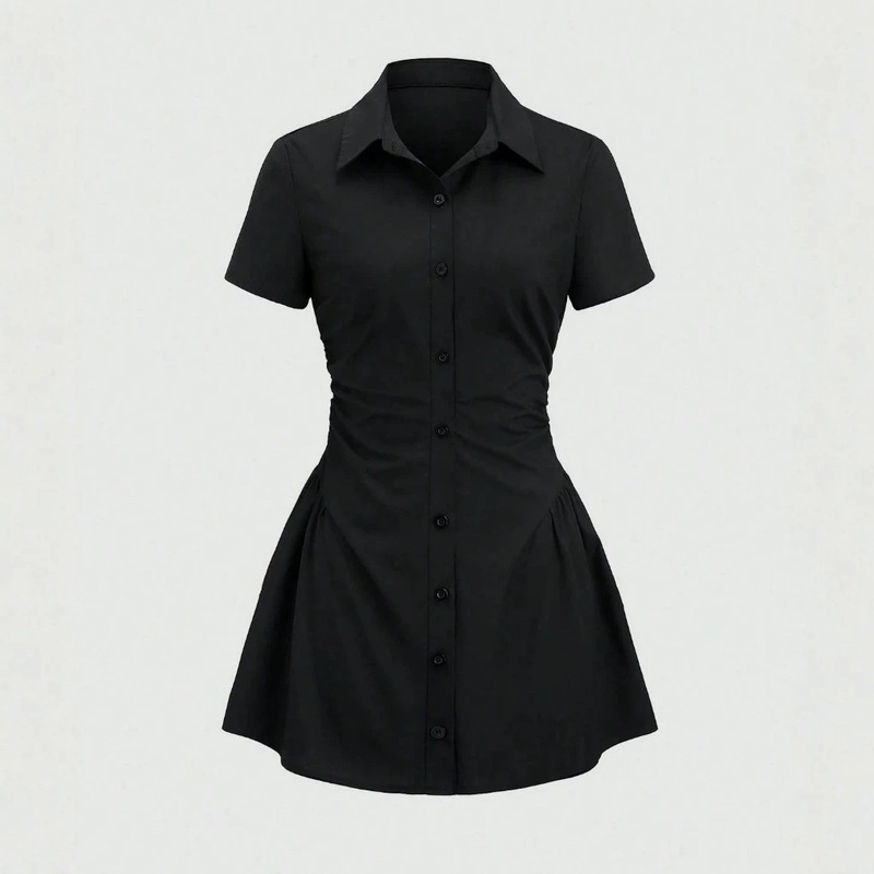 Cross-Border 2026 Summer New Dress with Puff Sleeves, Shirt Dress with V-Neck and Pleated Design, Korean Style A-Line Short Skirt for Women