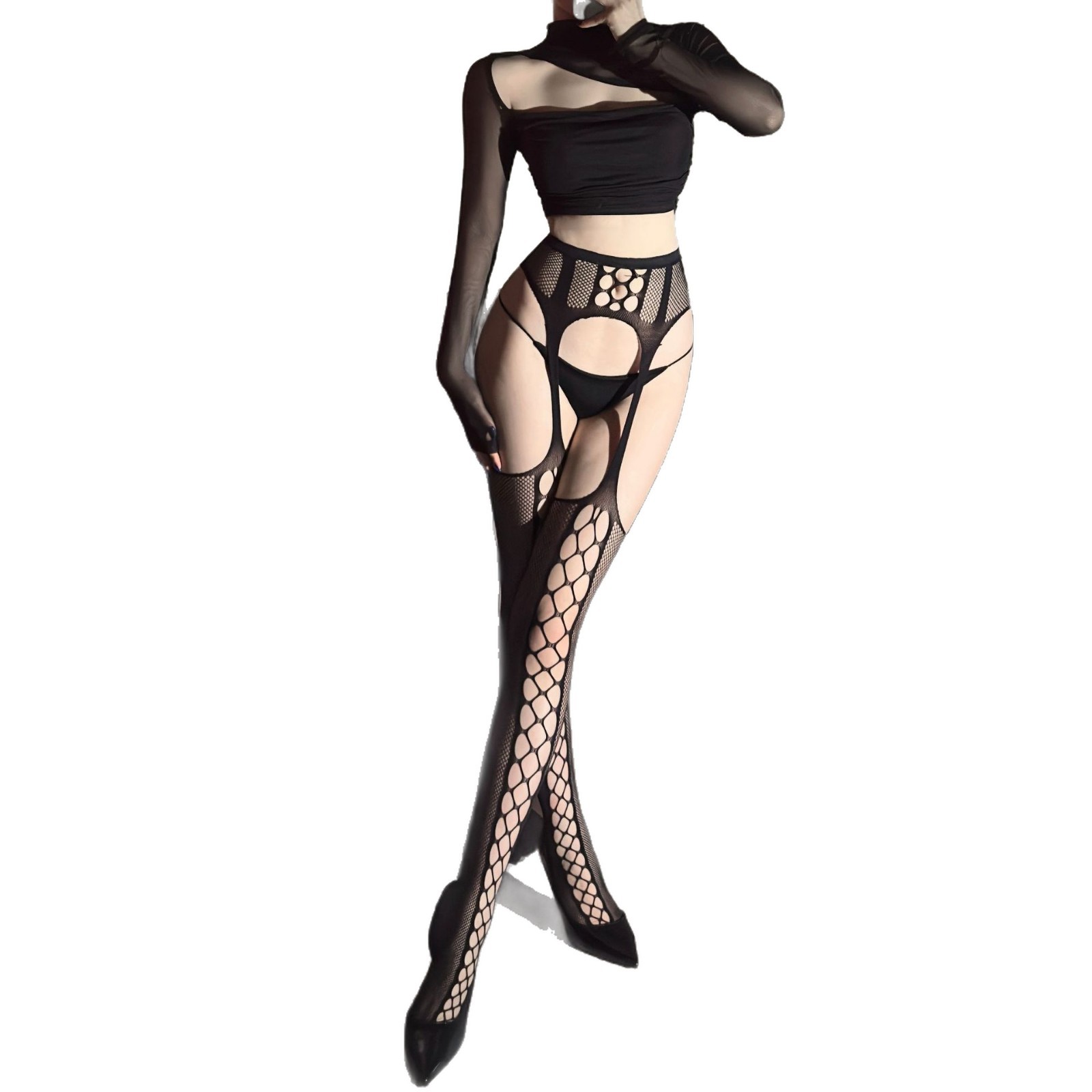 Hua Jiaoying sexy hollow jacquard garter stockings flirty nightclub stockings sexy stockings open for women to flirt without taking off