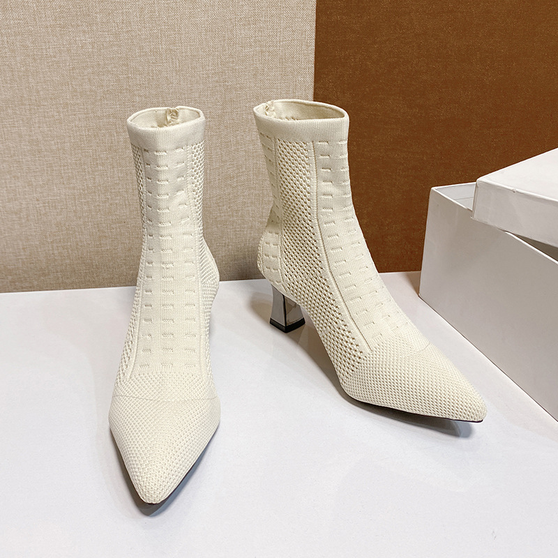 Large size new pointed socks boots women's medium tube thick heel high heels fashion outside elastic boots wool boots_voghion.com