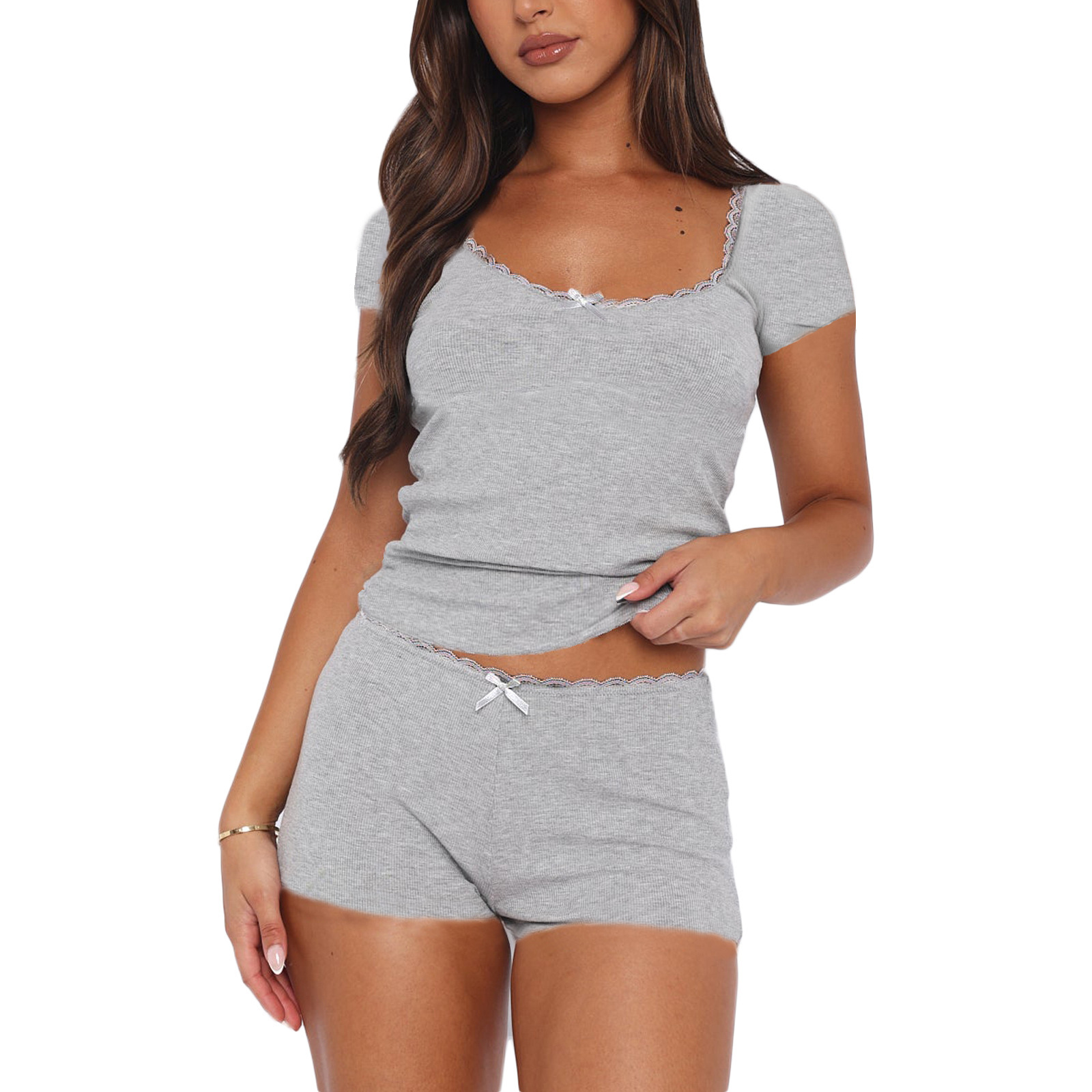 Solid Color, Bow Knot Pattern Holiday Daily Selfie Women's Casual Elegant Lady Solid Color Bow Knot Polyester Shorts Sets Pajama Sets