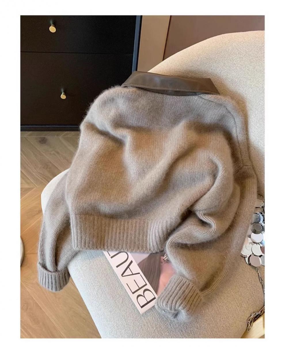 Modieus damesvest met leren kraag en rits gebreide bovenkleding_voghion.com
