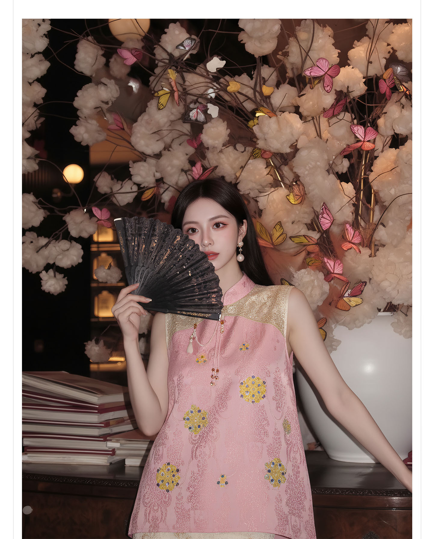 Bộ đầm vest không tay cổ đứng thêu hoa kết hợp chân váy ren phong cách Tân Trung Hoa — bộ đồ, nửa váy, Trang chủ chi tiết 4