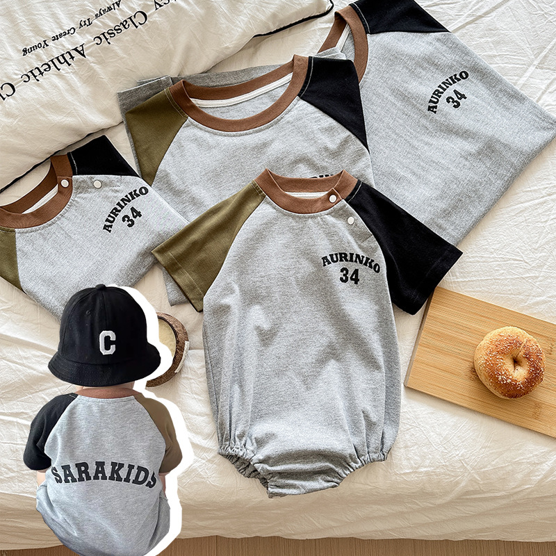 American-style parent-child outfits, 2026 summer new style, color-blocked short-sleeved T-shirts, family of three father-son outfits, baby rompers tops