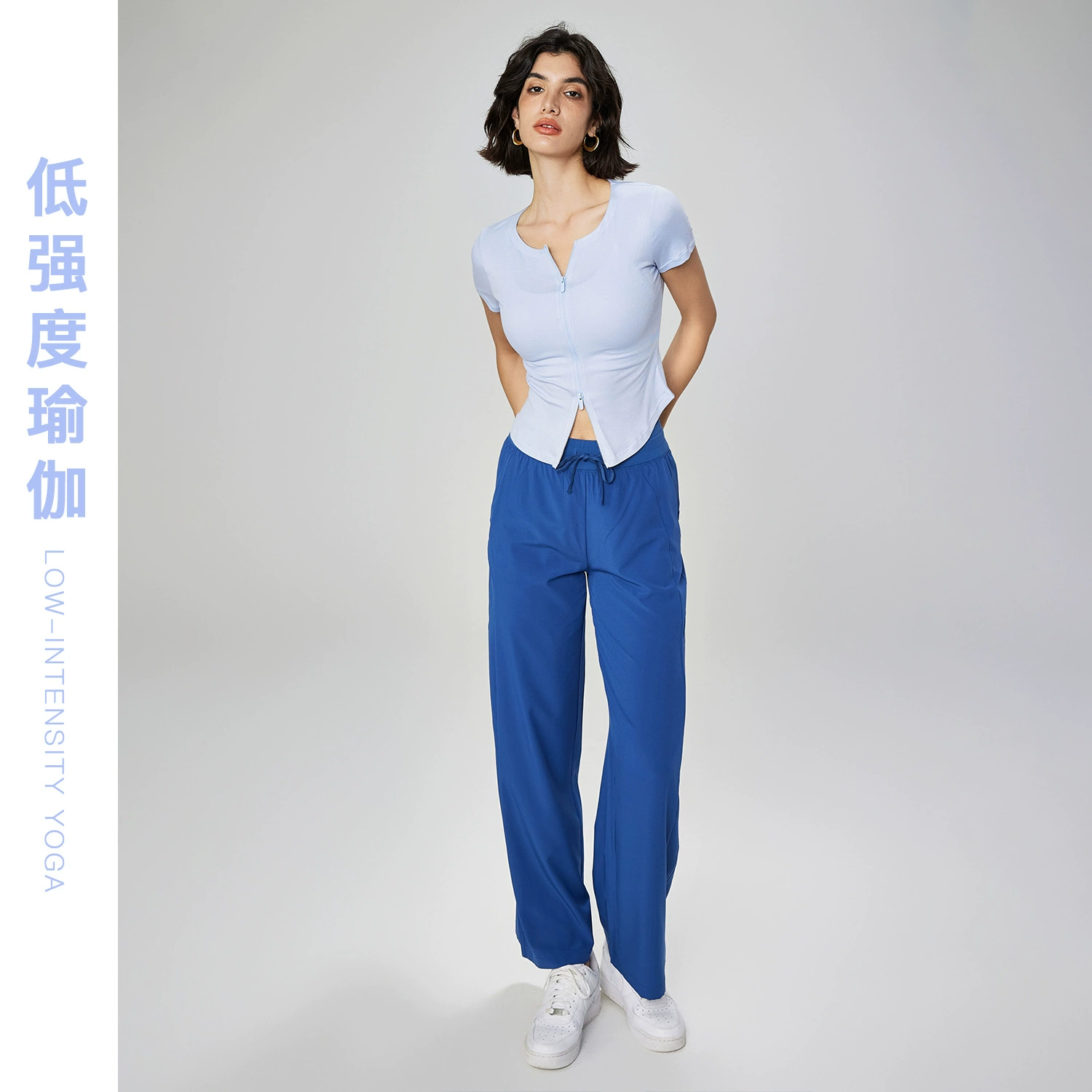 Summer yoga clothing with zipper, fitted T-shirt for yoga, sports brace, high-quality style, round collar