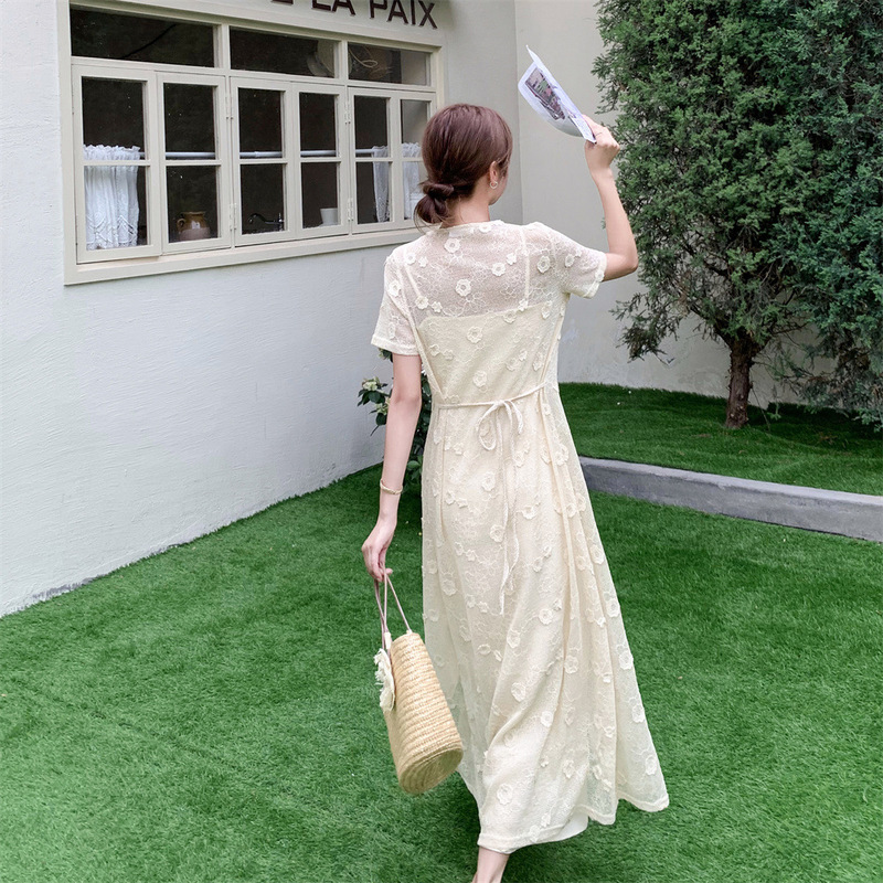レースカーディガンサスペンダードレススーツ女性の夏の美しい人気のロイヤルシスター気質レイヤードツーピースセット優しいスタイル|undefined