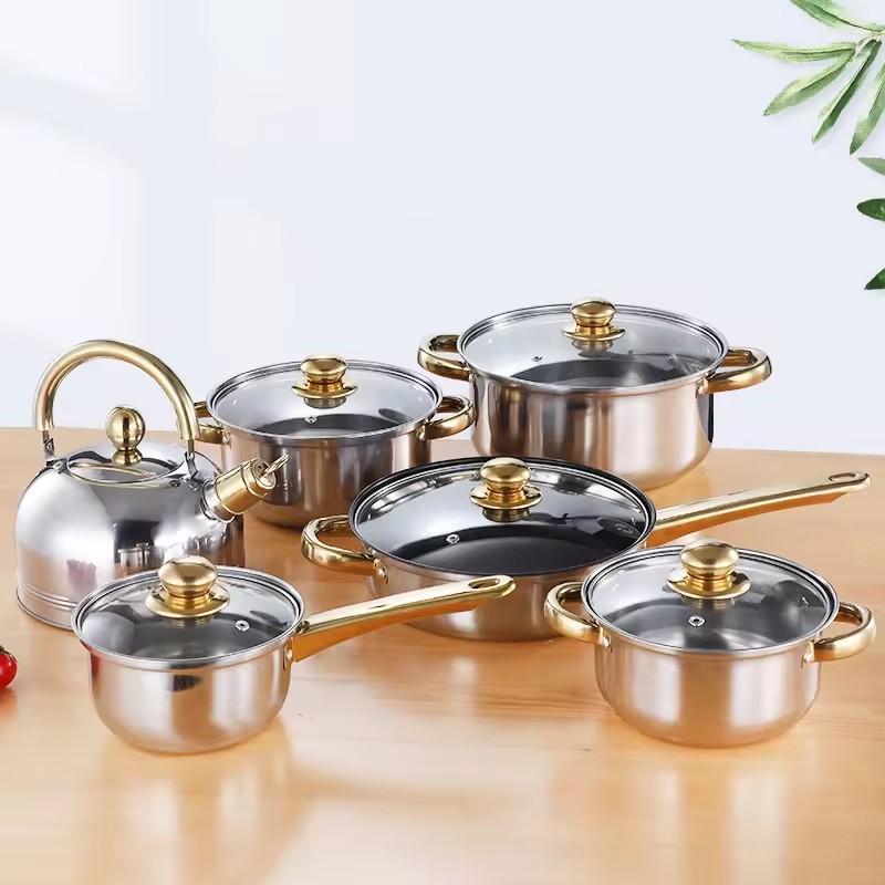 Cross-border thickened compound bottom twelve-piece pot set, stainless steel single-handle milk pot, double-ear soup pot, six-piece gift pot set