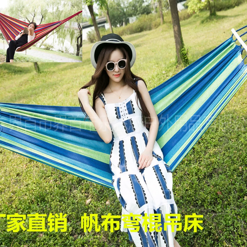 Холщовый гамак с антипротивоповоротными упорами для отдыха на природе, кемпинга, с изогнутыми стойками для одного или двух человек, оптом в наличии.