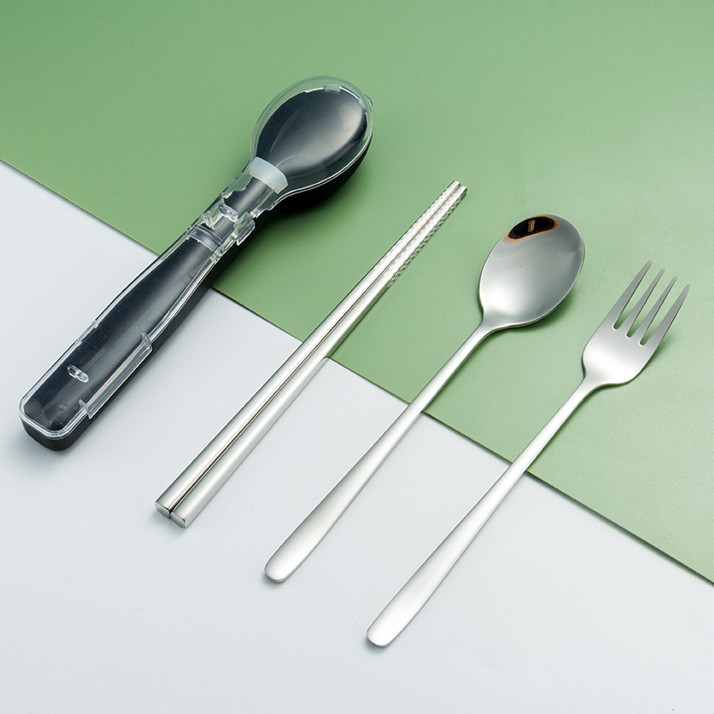 304 vajilla de acero inoxidable conjunto de tres piezas tenedor cuchara palillos estudiante trabajador de oficina de viaje vajilla Flip caja