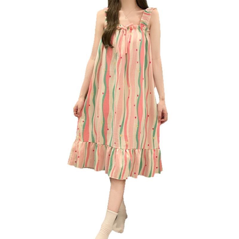 Transfronterizos polvo de dopamina rayada pijama de verano de algodón gaza de mujer es dulce se puede usar con cojín de pecho ropa para el hogar