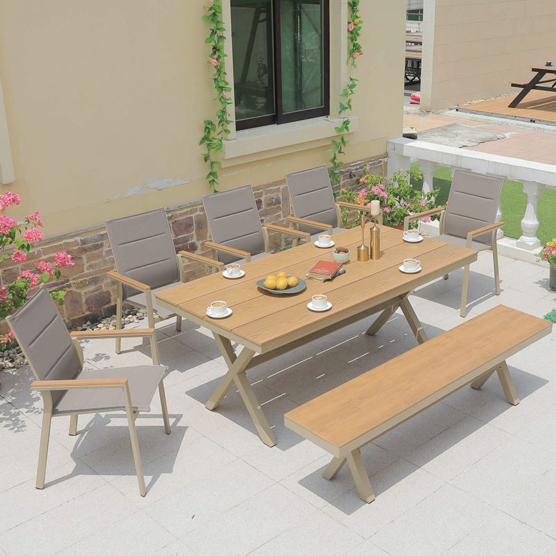 5 * silla de malla de Tek + mesa larga de madera plástica 220 * 90cm