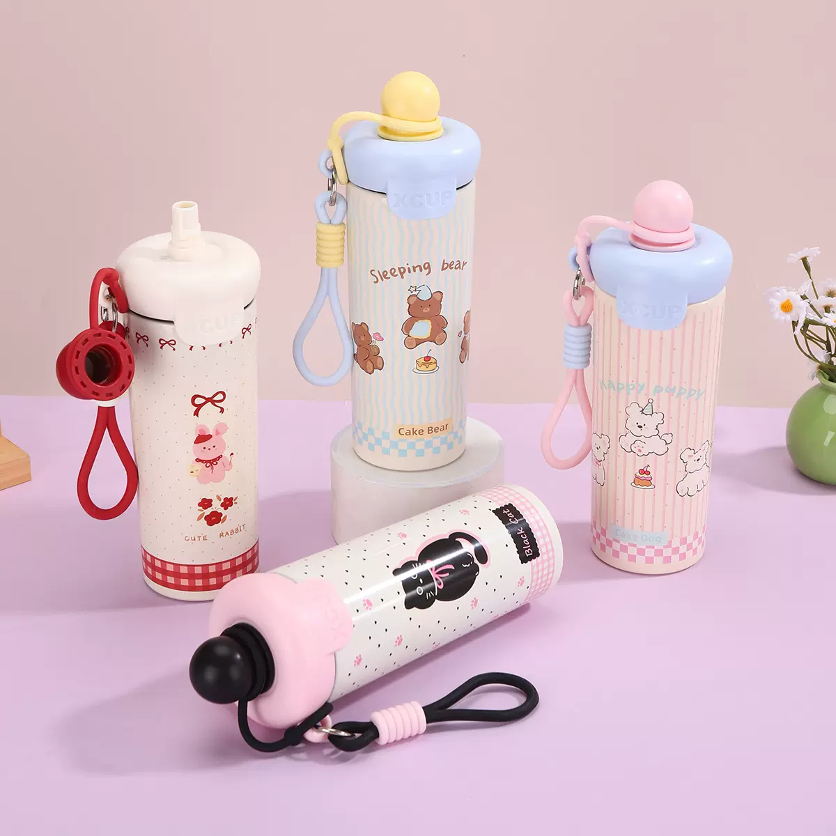 卡通可爱浮球吸管杯316不锈钢双层保温杯户外运动带提绳运动水杯