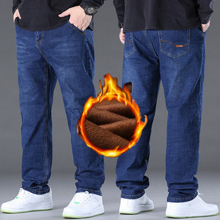 AliExpress foreign trade popular fat guy plus size winter fleece-lined thick straight men's stretch casual warm jeans