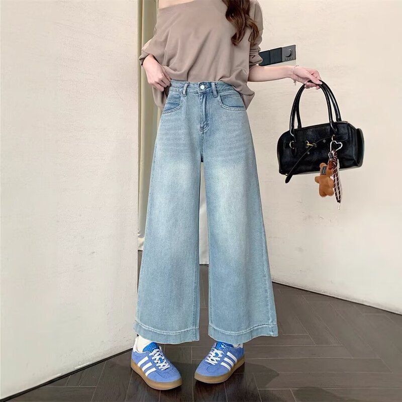 Light-Colored Wide-Leg Jeans for Women 2025 New Spring & Fall Loose Slimming Look Draped Small Nine-Point Straight Pants Cotton
