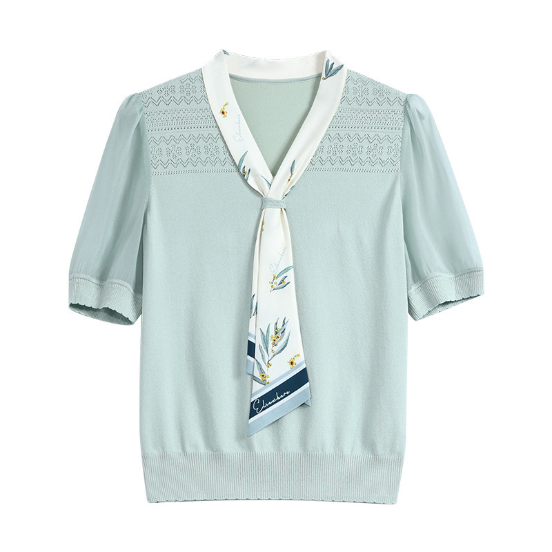 French-Style Elegant High-End Tie-Neck Light Blue Knit Sweater for Women, 2026 Summer New Pullover Short-Sleeve Commuter Top