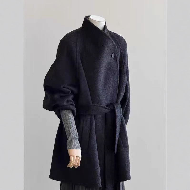 一粒扣中长2025新款韩版极简风阔版经典百搭时尚双面羊毛大衣系带