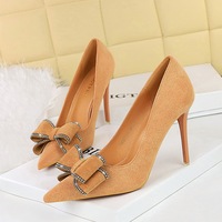 9511-H30 Elegant Light Luxury Pointed High Heels Water Diamond Bow Women's Shoes Suede Shallow Mouth Fine Heel Fashion Single Shoes