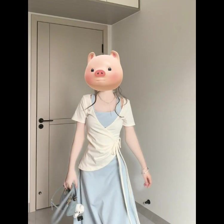 挂脖吊带连衣裙子女夏季新款收腰长裙显瘦交叉绑带刺绣上衣两件套|undefined