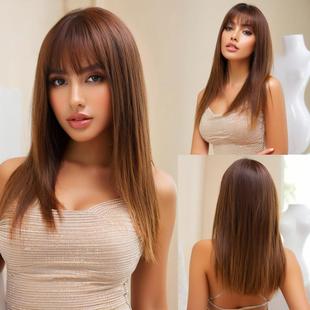 European and American Cross-Border Wigs for Women with Medium-Long Hair, Air Bangs, Chemical Fiber, High-Temperature Silk, Full Headgear, One-Piece Drop Shipping