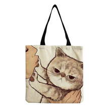 亚麻布女士户外沙滩包可重复使用购物袋可爱接吻猫印花休闲手提包