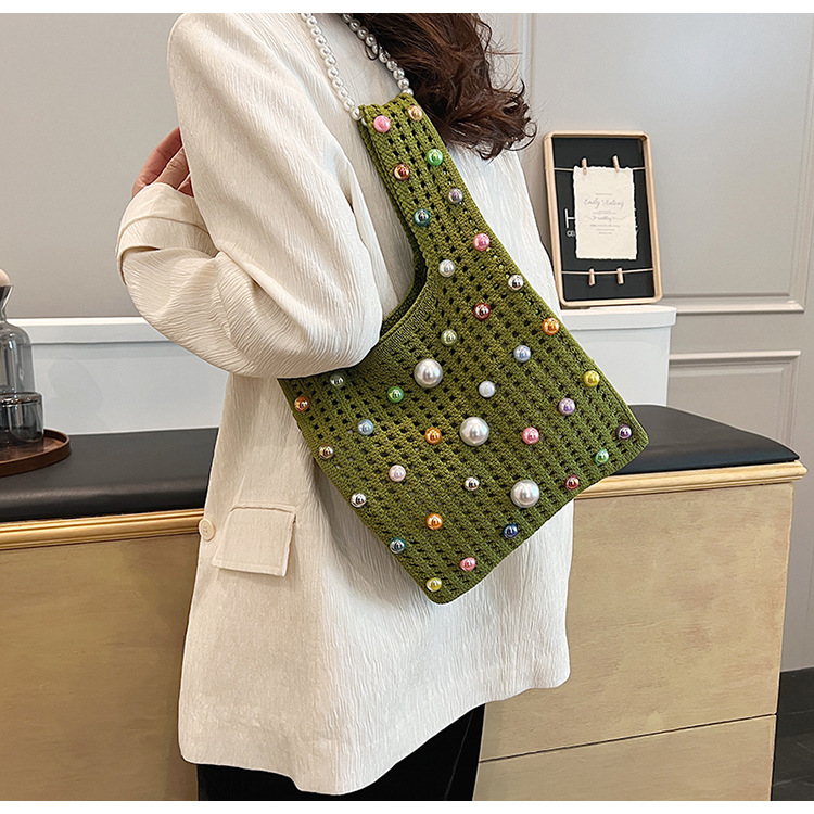 Cute Style Women's Medium Knit Solid Color Cute Pearls Open Straw Bag