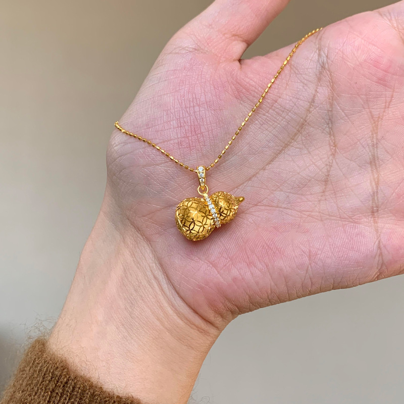 S925纯银黄金圈戗刻葫芦铜钱纹葫芦吊坠项链女国风复古轻奢小红书|undefined